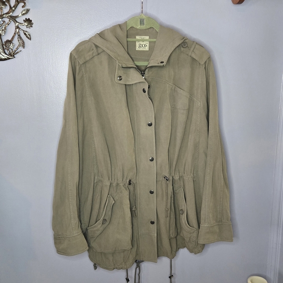 GO BY GO SILK Jackets & Blazers - Go> by GoSilk Washable Silk Blend Hooded Jacket Open-Side Utility Anorak Olive